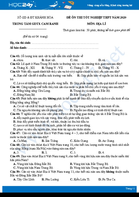 Đề thi thử tốt nghiệp THPT năm 2020 môn Địa lí - Hoc247