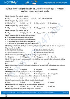 Bài tập trắc nghiệm chuyên đề Ankan môn Hóa học 11 năm 2020 Trường THPT Chuyên Lê Khiết