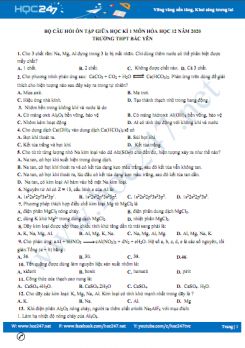 Bộ câu hỏi trắc nghiệm ôn tập giữa HK1 môn Hóa học 12 năm 2020 Trường THPT Bắc Yên