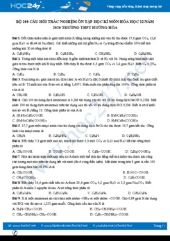 Bộ 200 câu hỏi trắc nghiệm ôn tập học kì môn Hóa học 12 năm 2020 Trường THPT Hướng Hóa