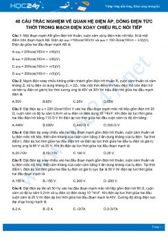 40 câu trắc nghiệm về Quan hệ điện áp và dòng điện tức thời trong mạch điện xoay chiều RLC nối tiếp môn Lý 12