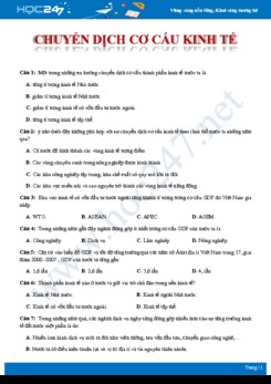 Bài tập trắc nghiệm ôn tập chủ đề chuyển dịch cơ cấu kinh tế Địa lí 12 có đáp án