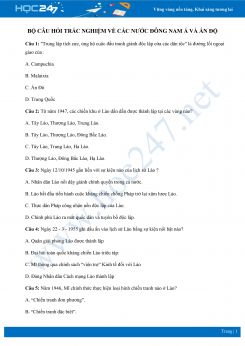 Bộ câu hỏi trắc nghiệm về Các nước Đông Nam Á và Ấn Độ có đáp án môn Lịch sử 12