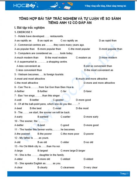 Các Bài Tập Trắc Nghiệm Về So Sánh Trong Tiếng Anh Thông Dụng Và Hiệu Quả