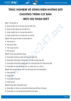 Bài tập về Dòng điện không đổi môn Vật Lý 11 Cơ bản - mức độ nhận biết có lời giải chi tiết