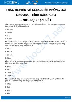 Bài tập về Dòng điện không đổi môn Vật Lý 11 Nâng cao - mức độ nhận biết có lời giải chi tiết