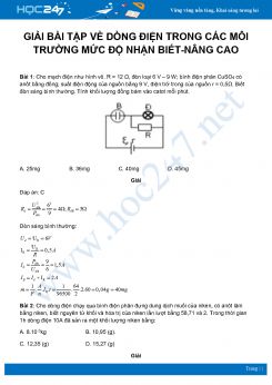 Hướng dẫn giải bài tập về Dòng điện trong các môi trường môn Vật Lý 11 Nâng cao mức độ nhận biết