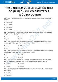 25 câu trắc nghiệm Định luật Ôm cho đoạn mạch chỉ có điện trở R môn Vật Lý 11 có đáp án – mức độ cơ bản