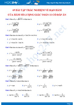 69 bài tập trắc nghiệm về Đạo hàm của hàm số lượng giác Toán 11 có đáp án