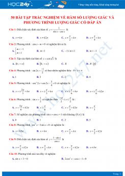 50 bài tập trắc nghiệm về hàm số lượng giác và phương trình lượng giác có đáp án