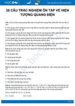 35 câu trắc nghiệm ôn tập về Hiện tượng quang điện môn Vật Lý 12 năm 2020 có đáp án