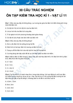 30 câu trắc nghiệm ôn tập kiểm tra học kỳ 1 môn Vật Lý 11 năm 2020 có đáp án và lời giải chi tiết