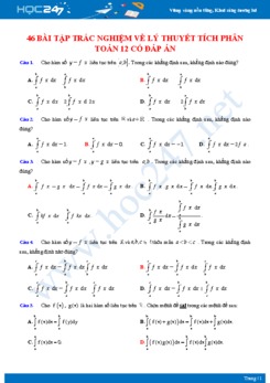 46 bài tập trắc nghiệm về Lý thuyết tích phân Toán 12 có đáp án