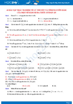 40 bài tập trắc nghiệm về Lý thuyết và tính nguyên hàm của một số hàm đa thức Toán 12 có đáp án