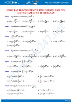 35 bài tập trắc nghiệm về Tính nguyên hàm của một số hàm số vô tỉ Toán 12 có đáp án