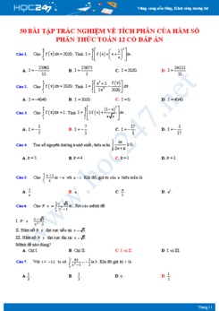 50 bài tập trắc nghiệm về Tích phân của hàm số phân thức Toán 12 có đáp án