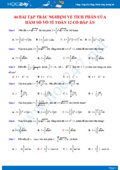 44 bài tập trắc nghiệm về Tích phân của hàm số vô tỉ Toán 12 có đáp án