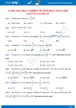 37 bài tập trắc nghiệm về Tích phân tổng hợp Toán 12 có đáp án