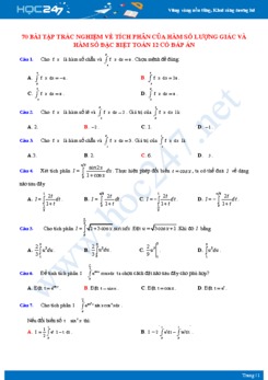 70 bài tập trắc nghiệm về Tích phân của hàm số lượng giác và hàm số đặc biệt Toán 12 có đáp án