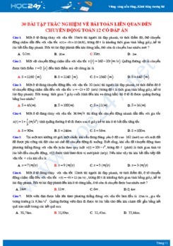 30 bài tập trắc nghiệm về Bài toán liên quan đến chuyển động Toán 12 có đáp án