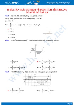 56 bài tập trắc nghiệm về Diện tích hình phẳng Toán 12 có đáp án