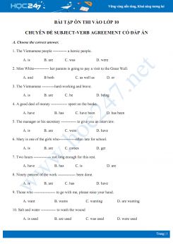 Bài tập ôn thi vào lớp 10 chuyên đề Subject-verb agreement có đáp án