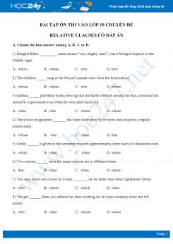 Bài tập ôn thi vào lớp 10 chuyên đề Relative clauses có đáp án