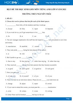 Bộ 5 đề thi học sinh giỏi môn Tiếng Anh lớp 8 năm 2021 Trường THCS Nguyễn Trãi