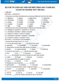 Bộ 5 đề thi chọn HSG môn Tiếng Anh 12 có đáp án năm 2021 Trường THPT Yên Hòa