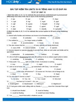 Bài tập kiểm tra Units 10-16 Tiếng Anh 12 có đáp án