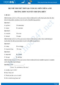 Bộ 5 đề thi thử THPT QG năm 2021 môn Tiếng Anh Trường THPT Nguyễn Thượng Hiền