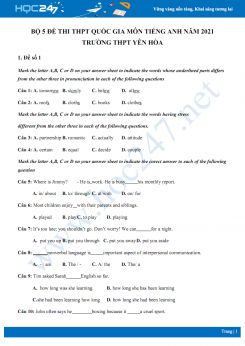 Bộ 5 đề thi thử THPT QG năm 2021 môn Tiếng Anh Trường THPT Yên Hòa