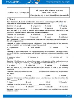 Bộ 5 đề thi HK2 môn Tiếng Anh 12 có đáp án năm 2021 Trường THPT Tăng Bạt Hổ