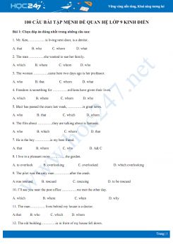 100 câu bài tập mệnh đề quan hệ lớp 9 kinh điển