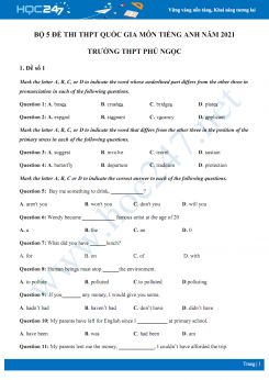 Bộ 5 đề thi thử THPT QG năm 2021 môn Tiếng Anh Trường THPT Phú Ngọc