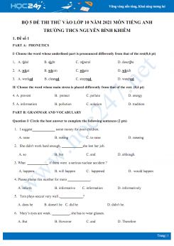 Bộ 5 đề thi thử vào lớp 10 năm 2021 môn Tiếng Anh Trường THCS Nguyễn Bỉnh Khiêm