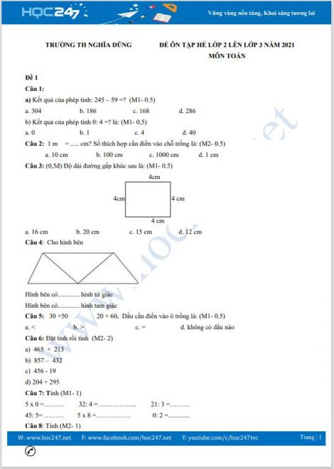 Bộ 4 đề ôn tập hè lớp 2 lên lớp 3 môn Toán có đáp án năm ...