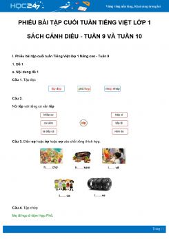 Phiếu bài tập cuối tuần môn Tiếng Việt lớp 1 sách Cánh Diều - Tuần 9 và Tuần 10