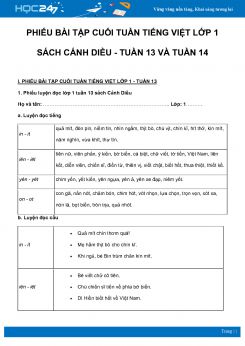 Phiếu bài tập cuối tuần môn Tiếng Việt lớp 1 sách Cánh Diều - Tuần 13 và Tuần 14
