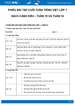 Phiếu bài tập cuối tuần môn Tiếng Việt lớp 1 sách Cánh Diều - Tuần 15 và Tuần 16