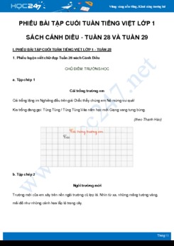 Phiếu bài tập cuối tuần môn Tiếng Việt lớp 1 sách Cánh Diều - Tuần 28 và Tuần 29