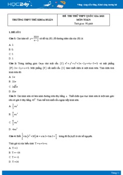 Bộ 4 đề thi thử THPT QG năm 2021 môn Toán lần 2 - Trường THPT Thủ Khoa Huân
