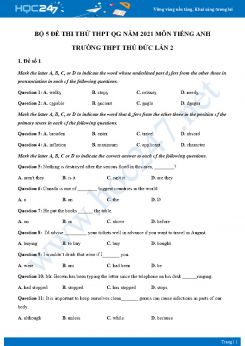 Bộ 5 đề thi thử THPT QG năm 2021 môn Tiếng Anh Trường THPT Thủ Đức Lần 2