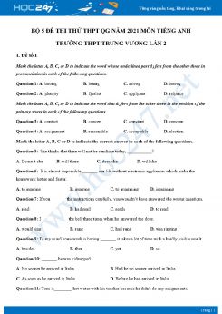 Bộ 5 đề thi thử THPT QG năm 2021 môn Tiếng Anh Trường THPT Trưng Vương Lần 2