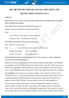 Bộ 5 đề thi thử THPT QG năm 2021 môn Tiếng Anh Trường THPT Yên Hòa Lần 2