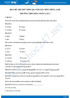 Bộ 5 đề thi thử THPT QG năm 2021 môn Tiếng Anh Trường THPT Hóa Châu Lần 2