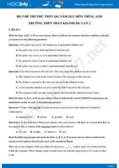 Bộ 5 đề thi thử THPT QG năm 2021 môn Tiếng Anh Trường THPT Trần Khánh Dư Lần 2