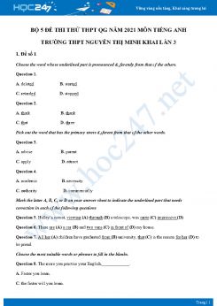 Bộ 5 đề thi thử THPT QG năm 2021 môn Tiếng Anh Trường THPT Nguyễn Thị Minh Khai Lần 3