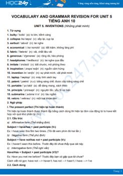 Vocabulary and Grammar Revision for Unit 5 Tiếng Anh 10