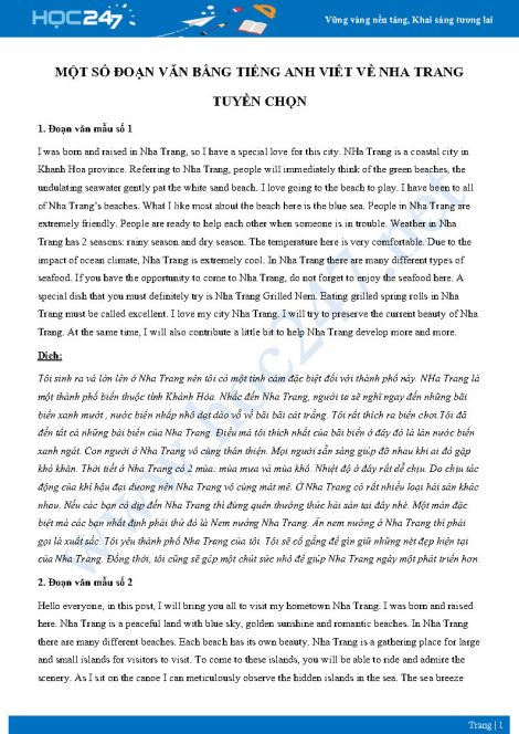 Một số đoạn văn bằng Tiếng Anh viết về Nha Trang tuyển chọn